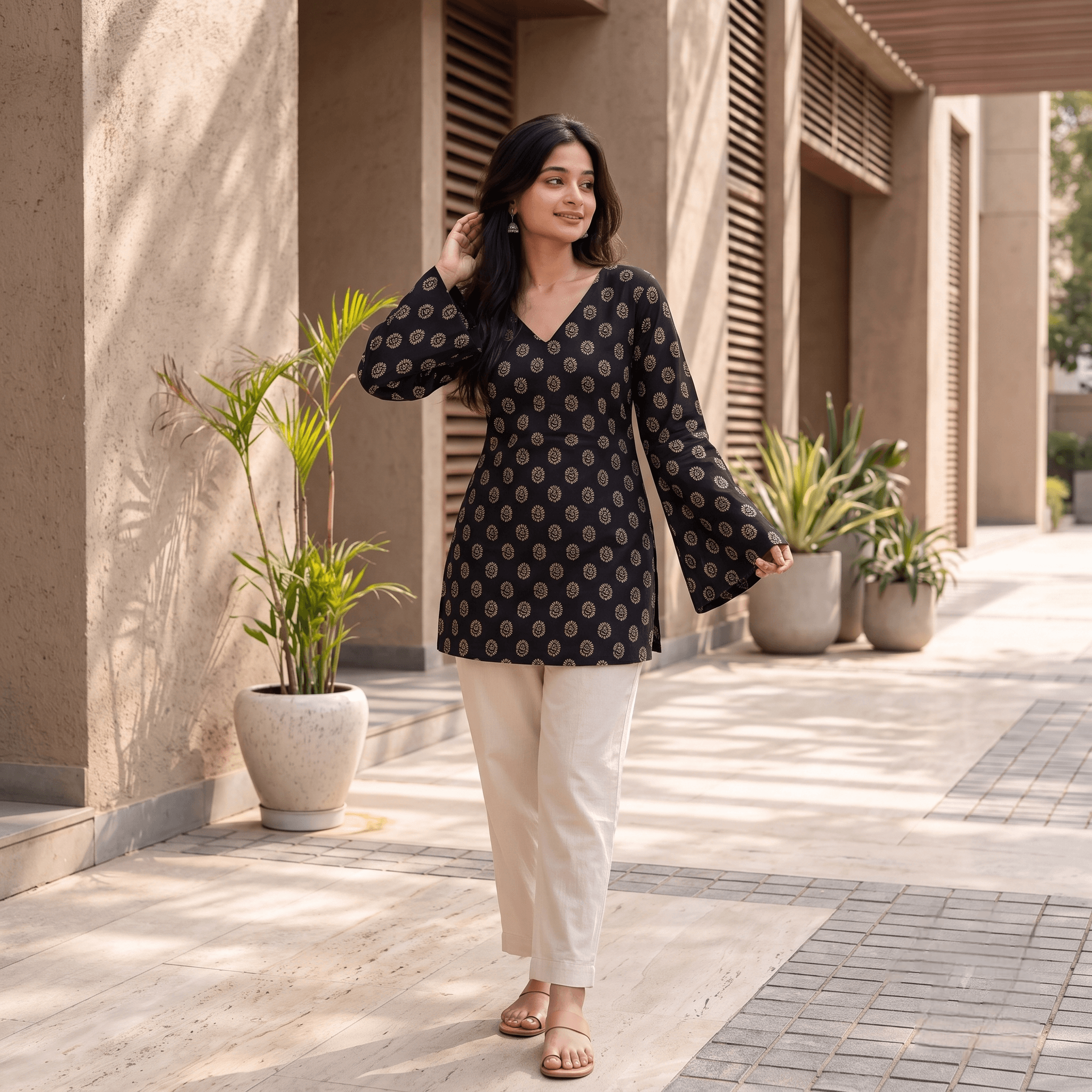 Black Printed Cotton Short Kurti with Bell Sleeves