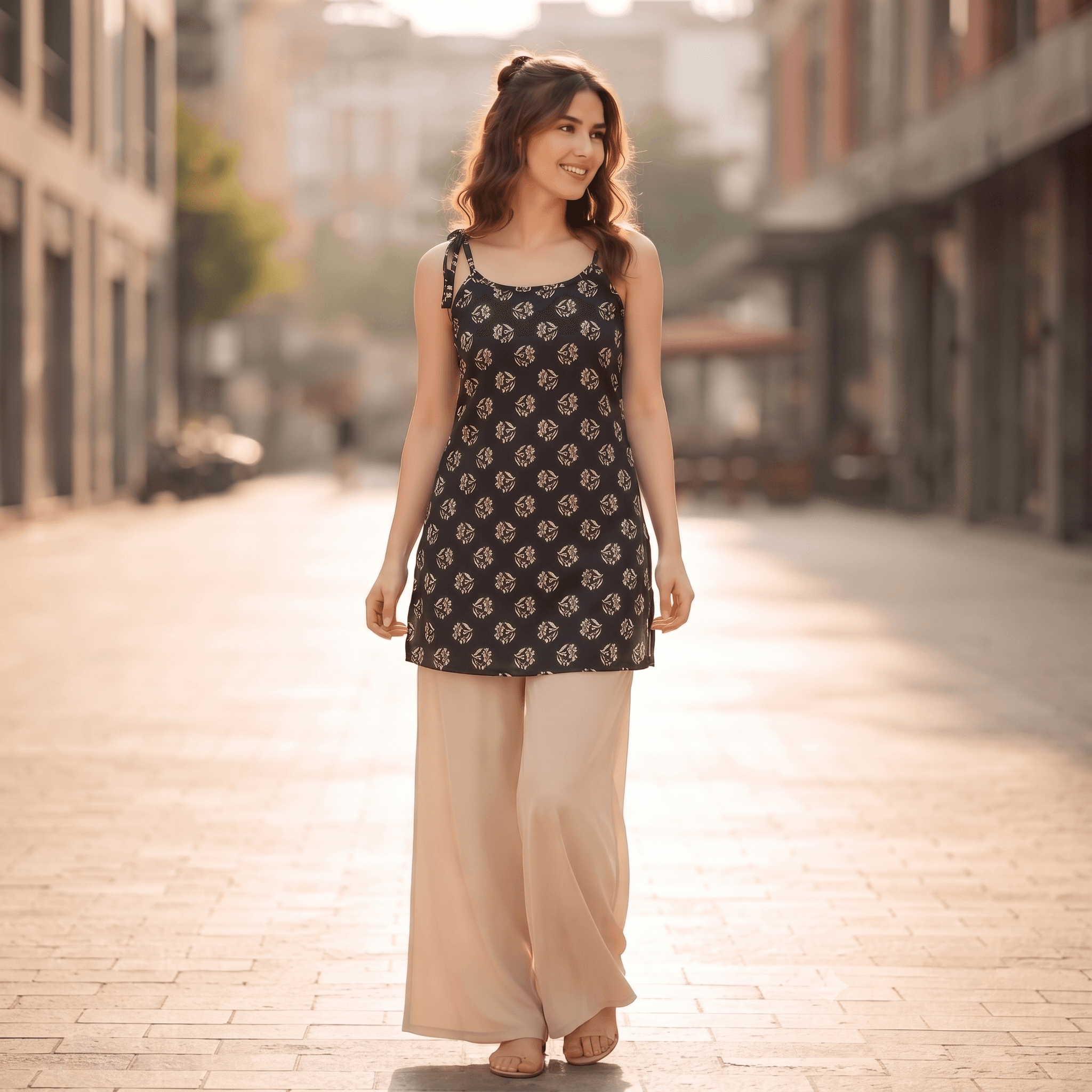 Black Printed Cotton Sleeveless Strappy Short Kurti