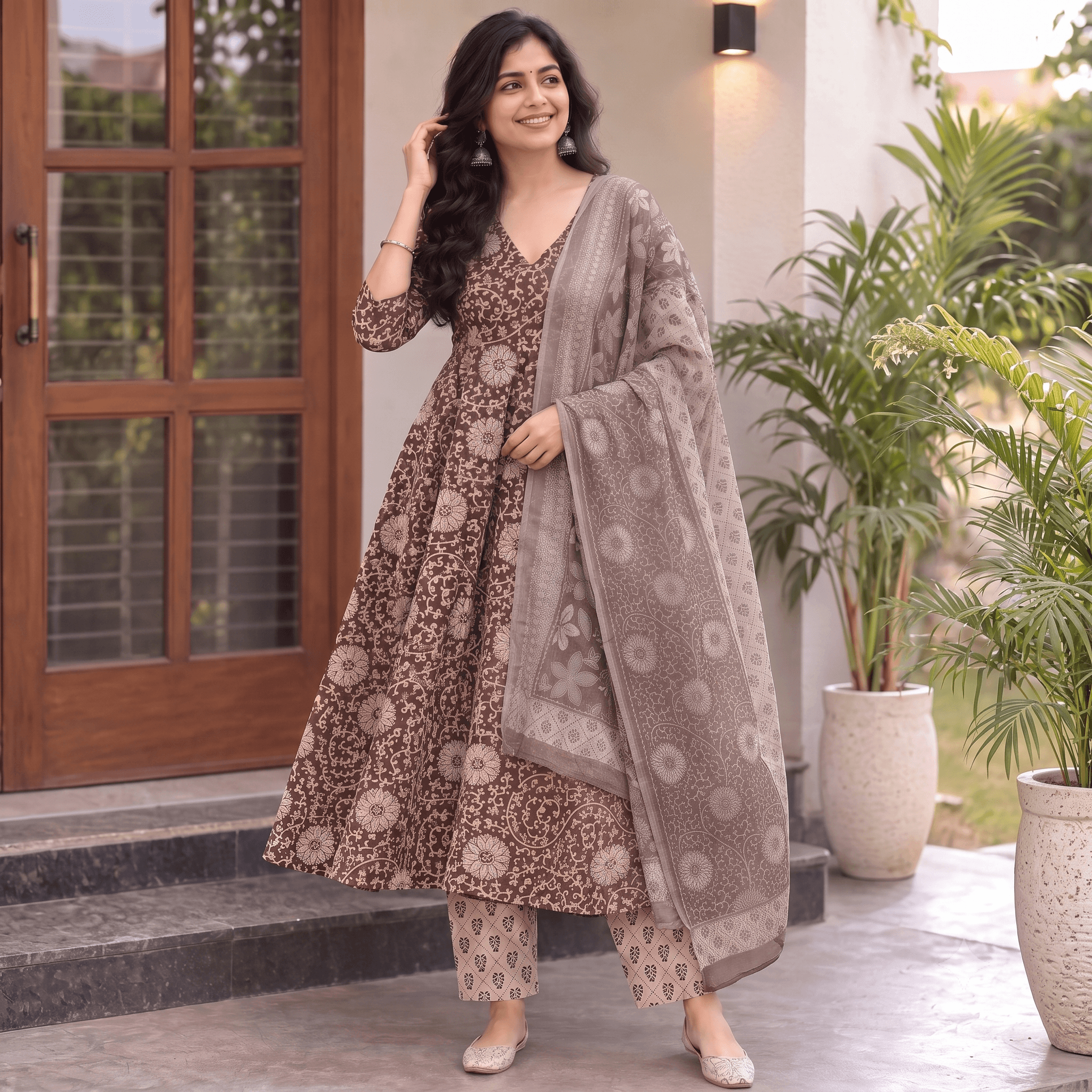 Brown Printed Cotton Anarkali Kurta Set with Dupatta