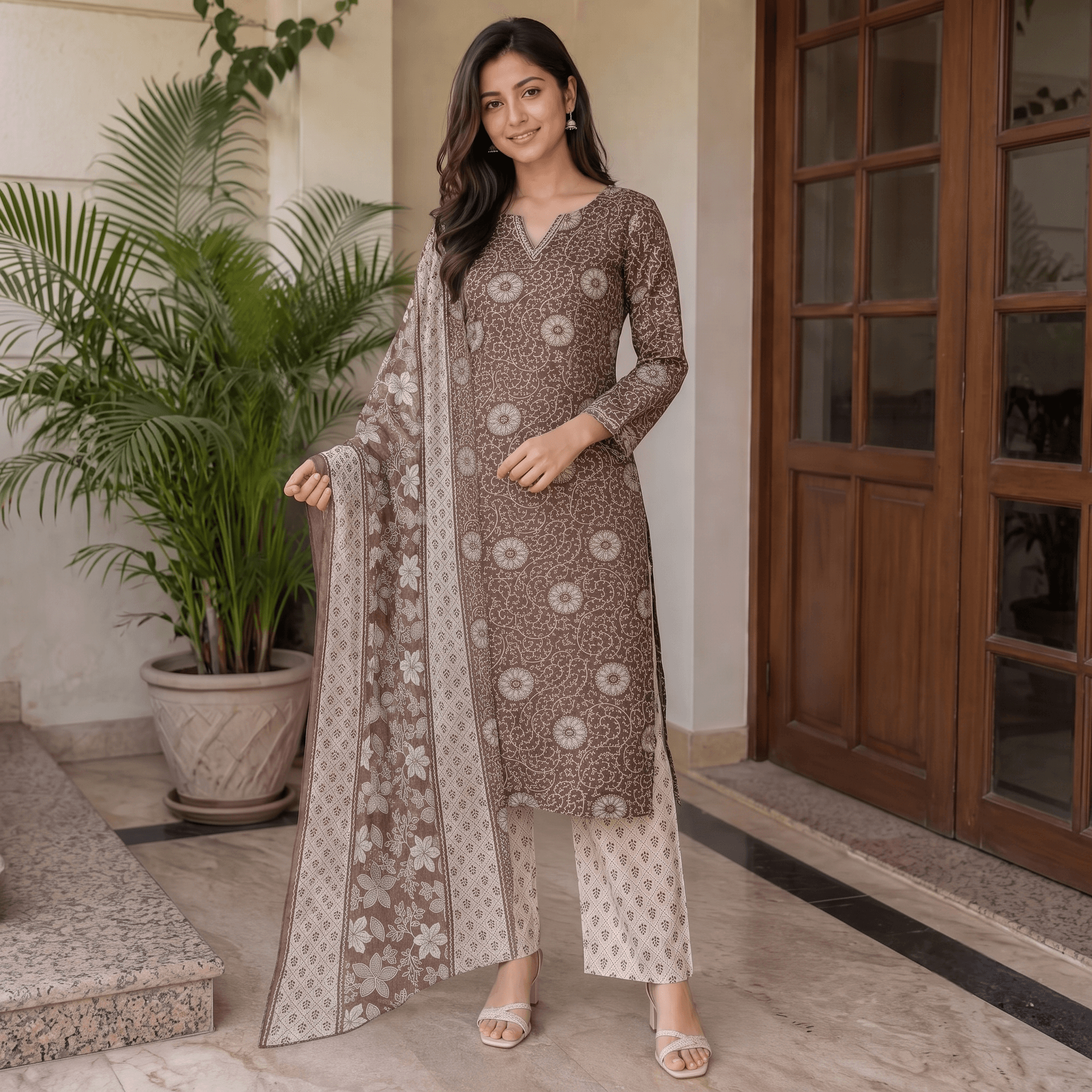 Brown Printed Cotton Kurti Set with Dupatta