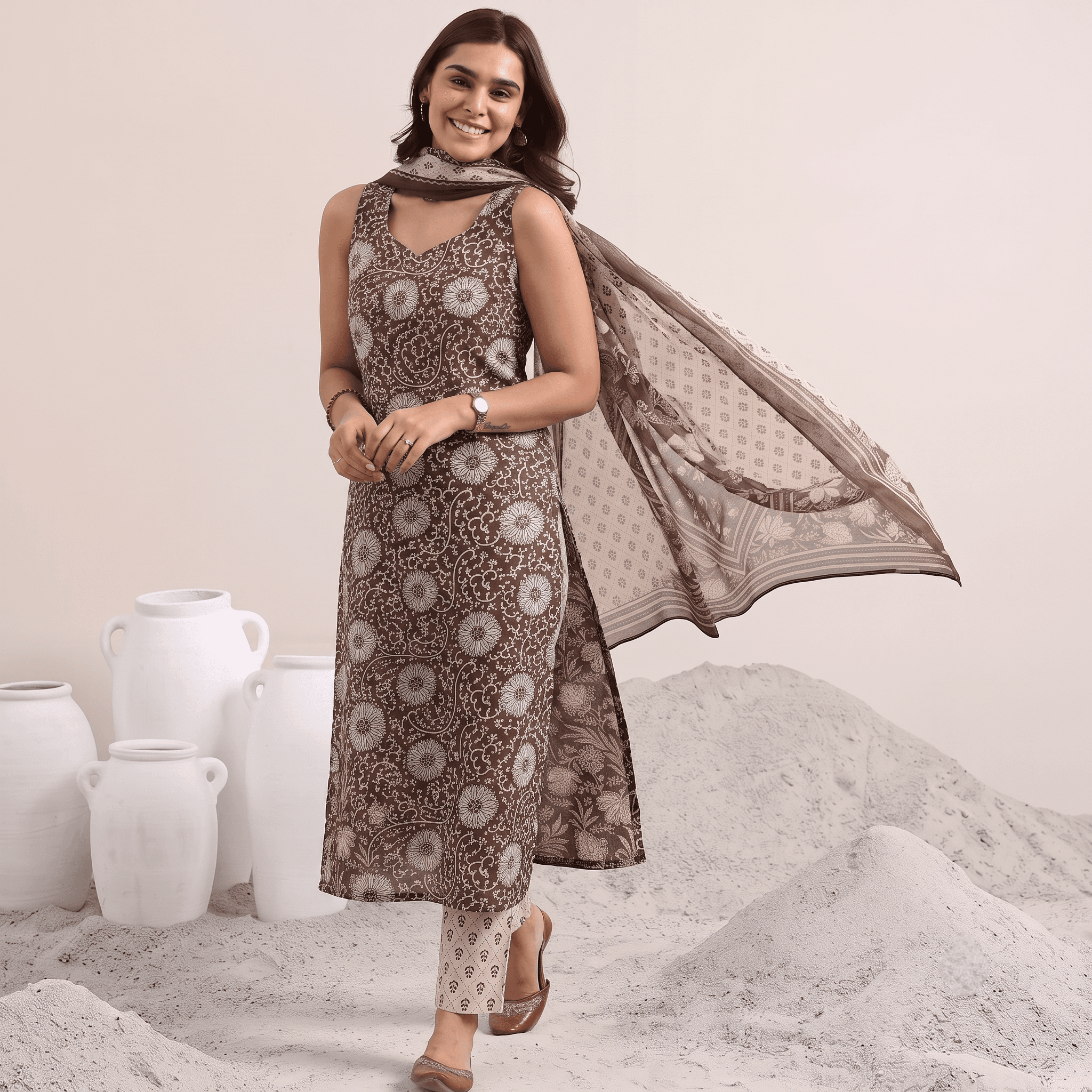 Brown Sleeveless Printed Cotton Kurta Set with Dupatta