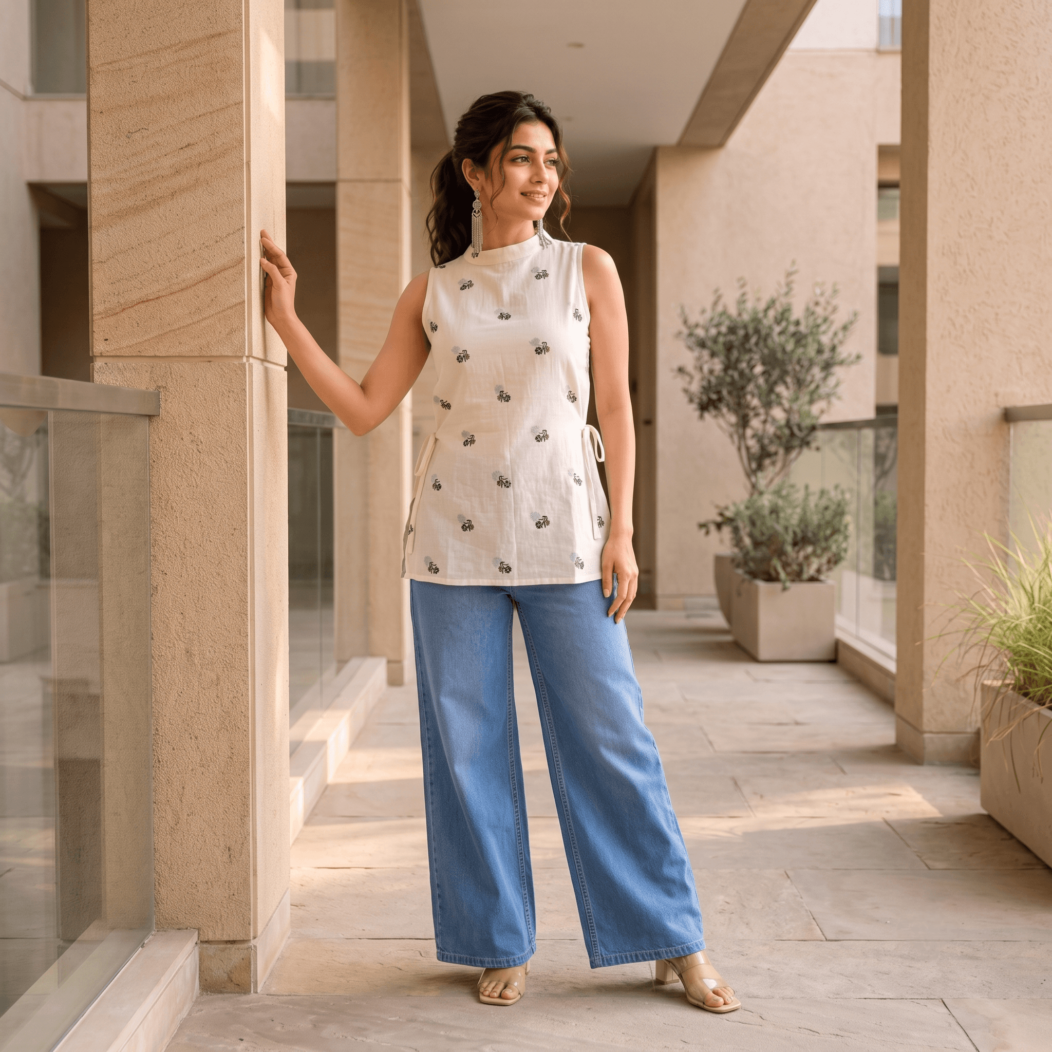 Off-White Embroidered Cotton Sleeveless Short Kurti