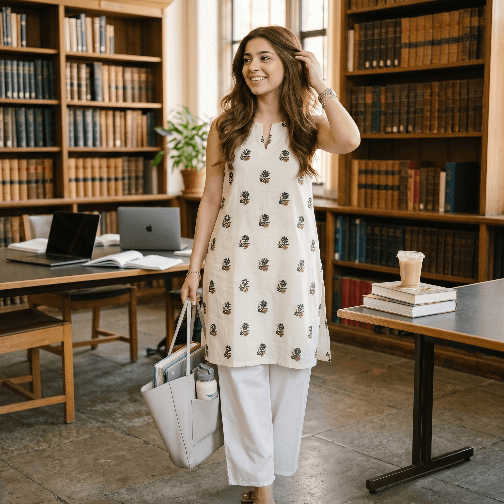 Off-White Floral Printed Cotton Sleeveless Straight Kurti