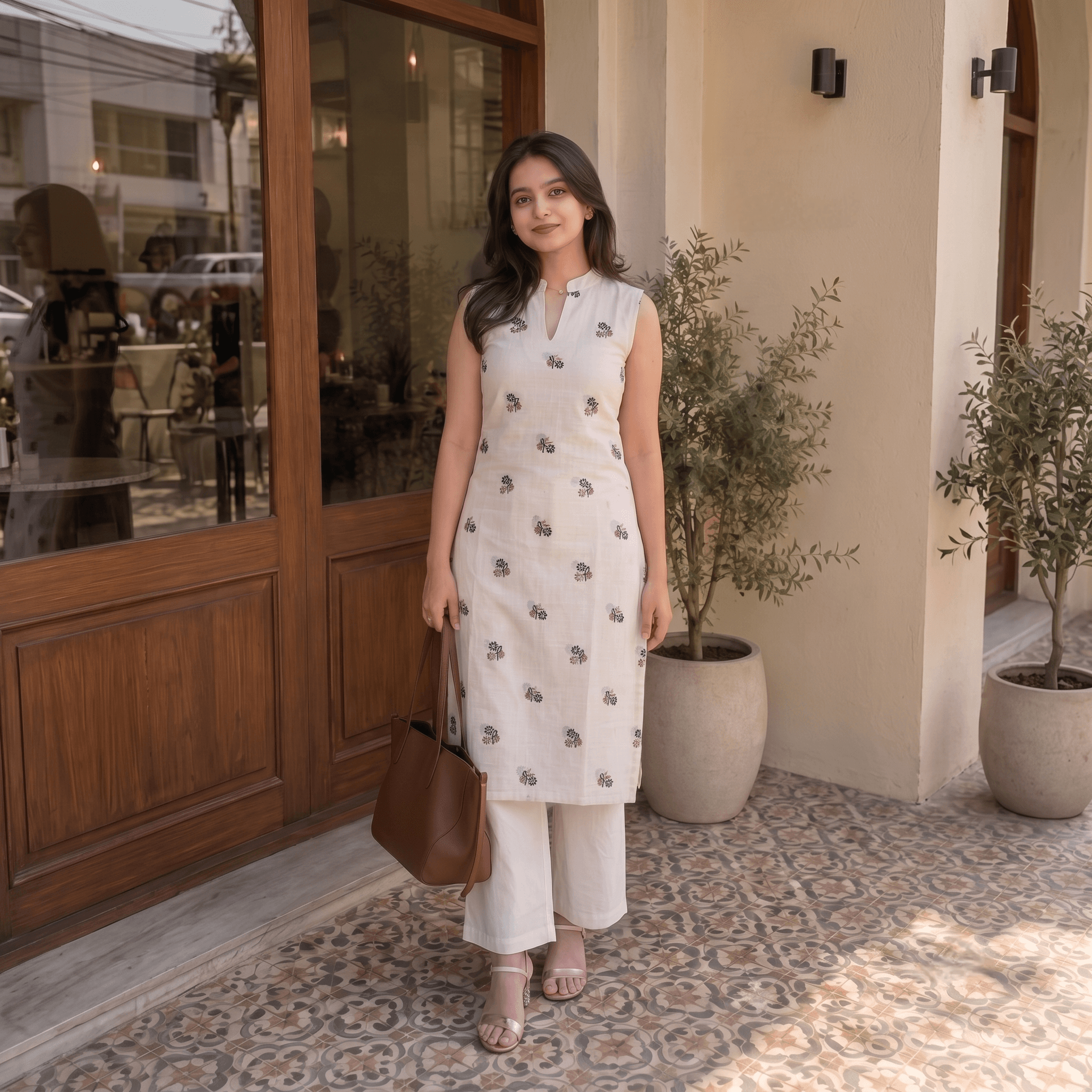 Off-White Mandarin Collar Sleeveless Straight Cotton Kurti