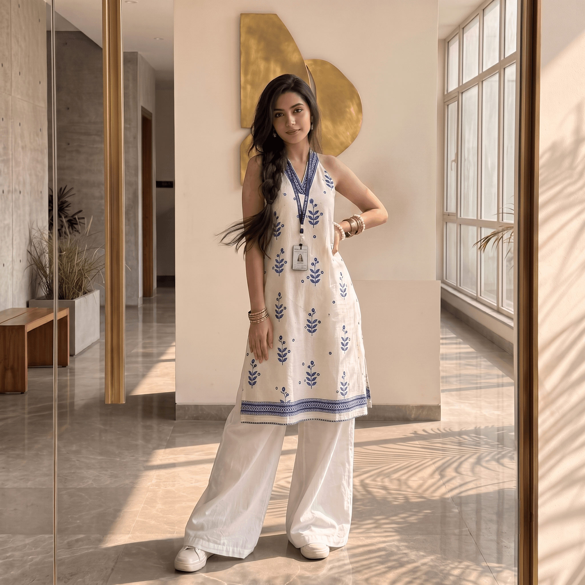 White & Indigo Floral Printed Sleeveless Halter-Neck Cotton Kurti