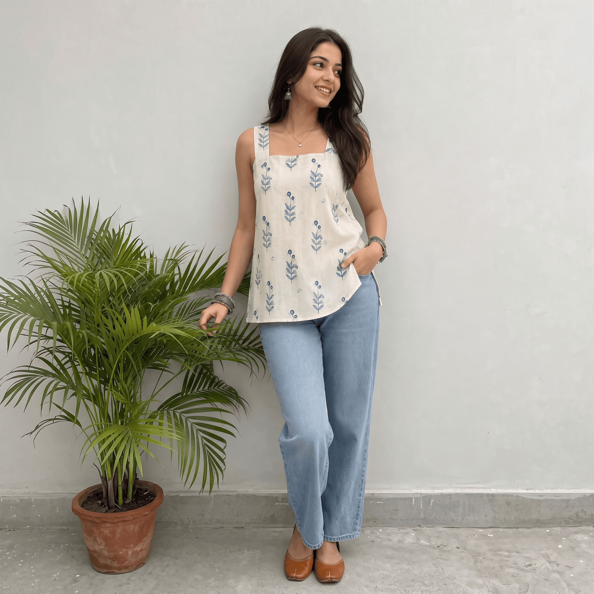 White & Indigo Floral Sleeveless Square-Neck Cotton Short Kurti