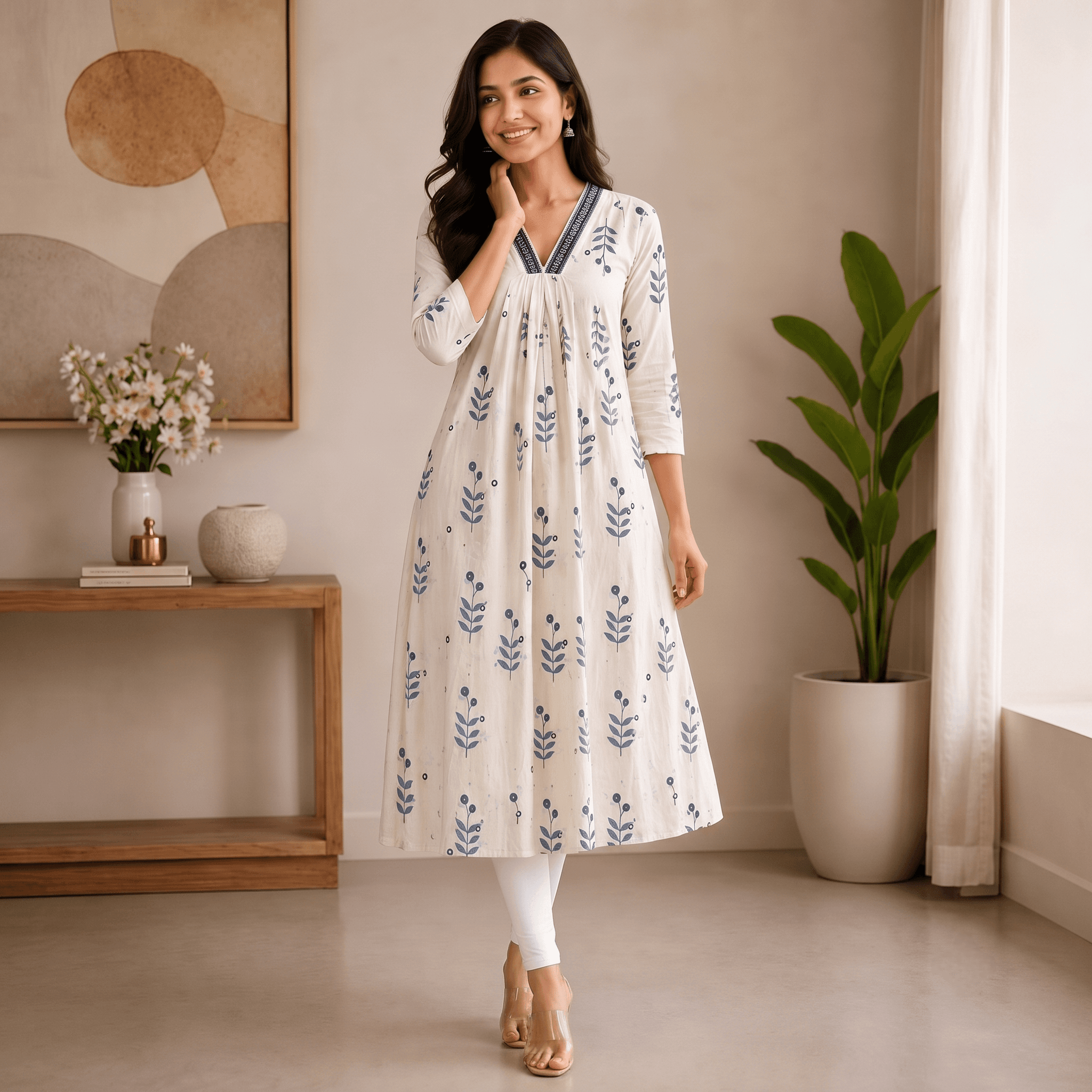 White & Indigo Floral Printed Cotton Flared Anarkali Kurti