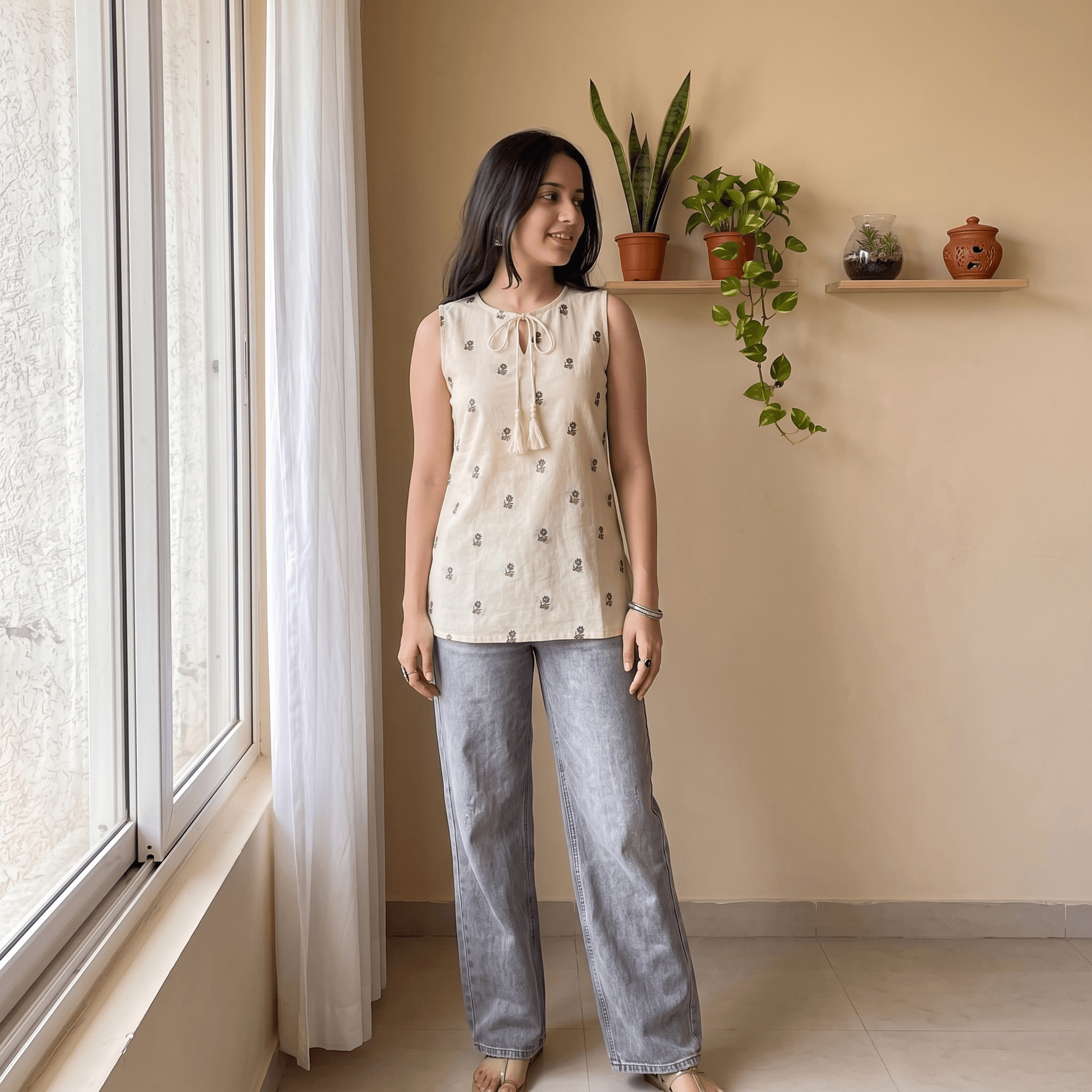 Sleeveless Off-White Floral Short Kurti