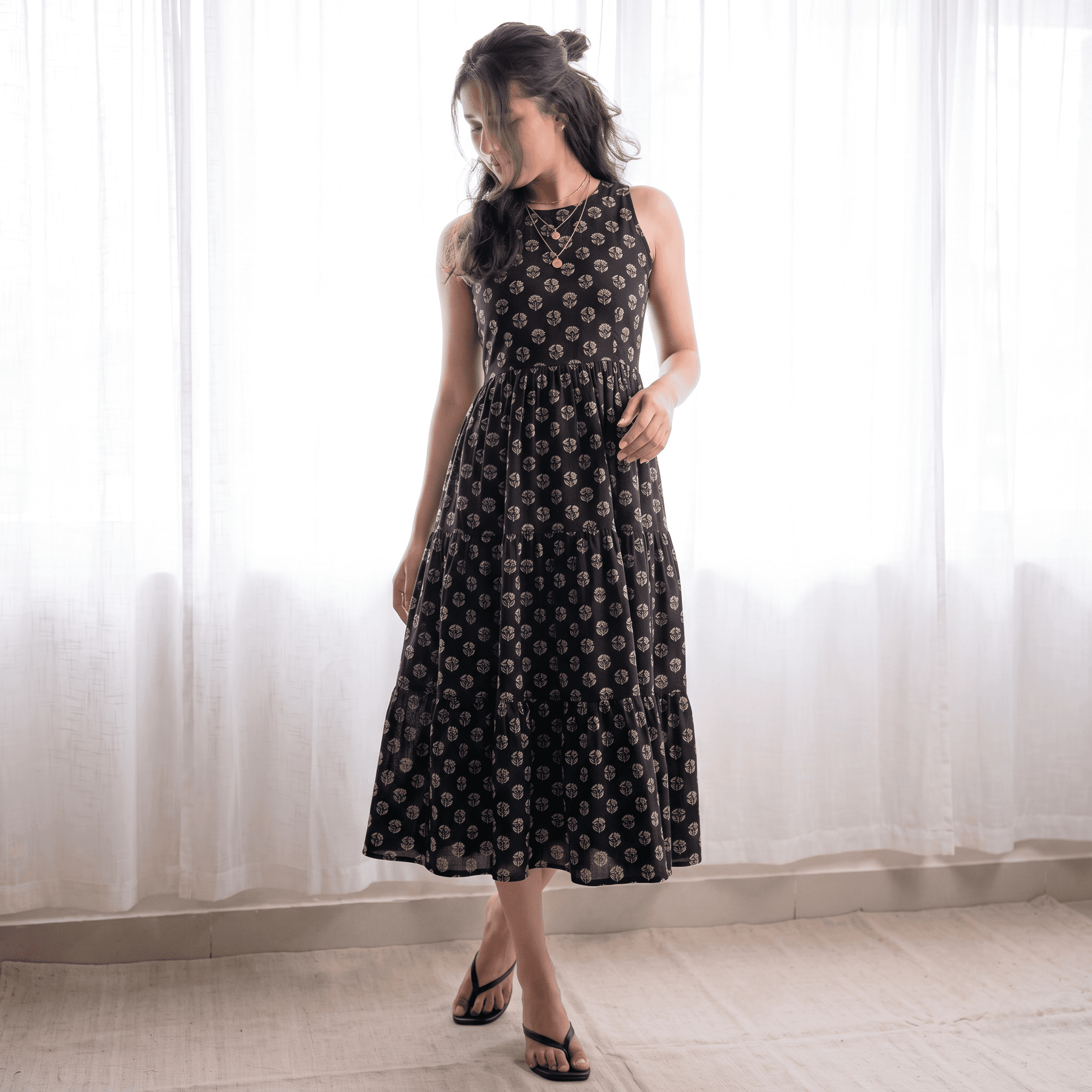 Sleeveless Black Floral Tiered Cotton Midi Dress