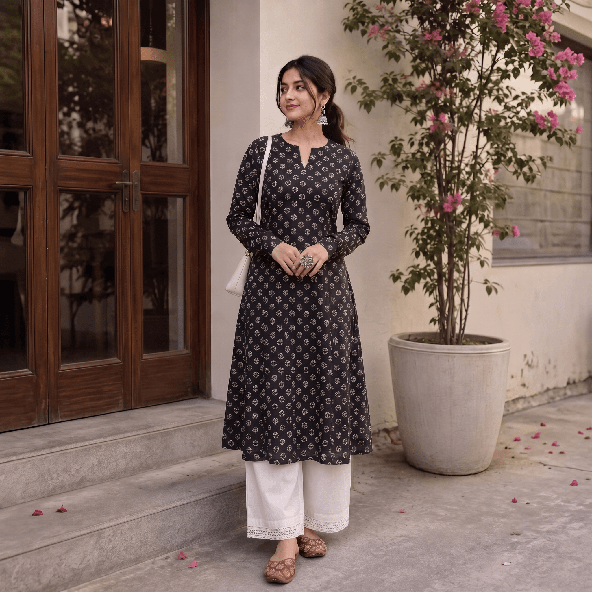 Black Printed Full-Sleeve A-Line Cotton Kurti