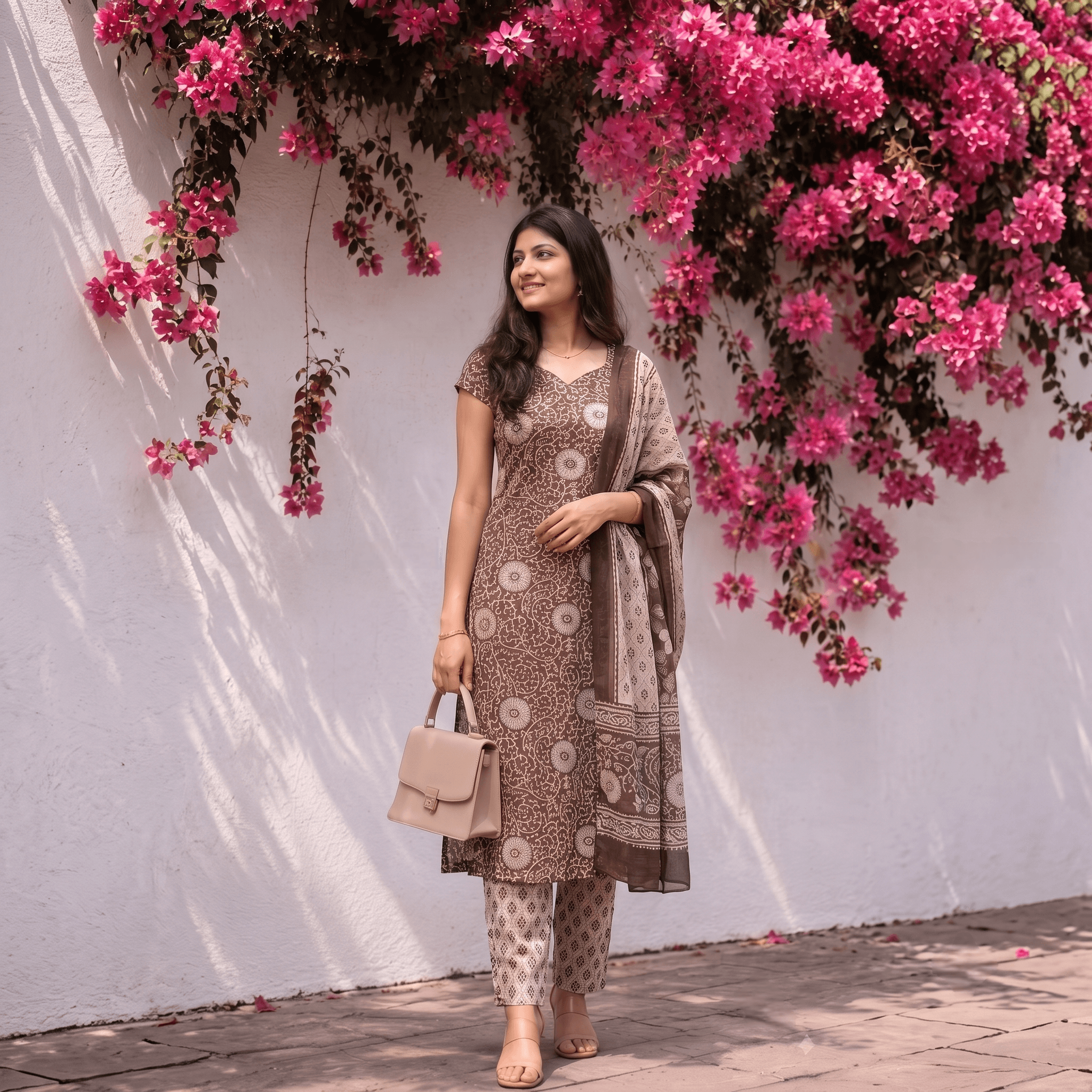 Brown Printed Cotton Churidar Set