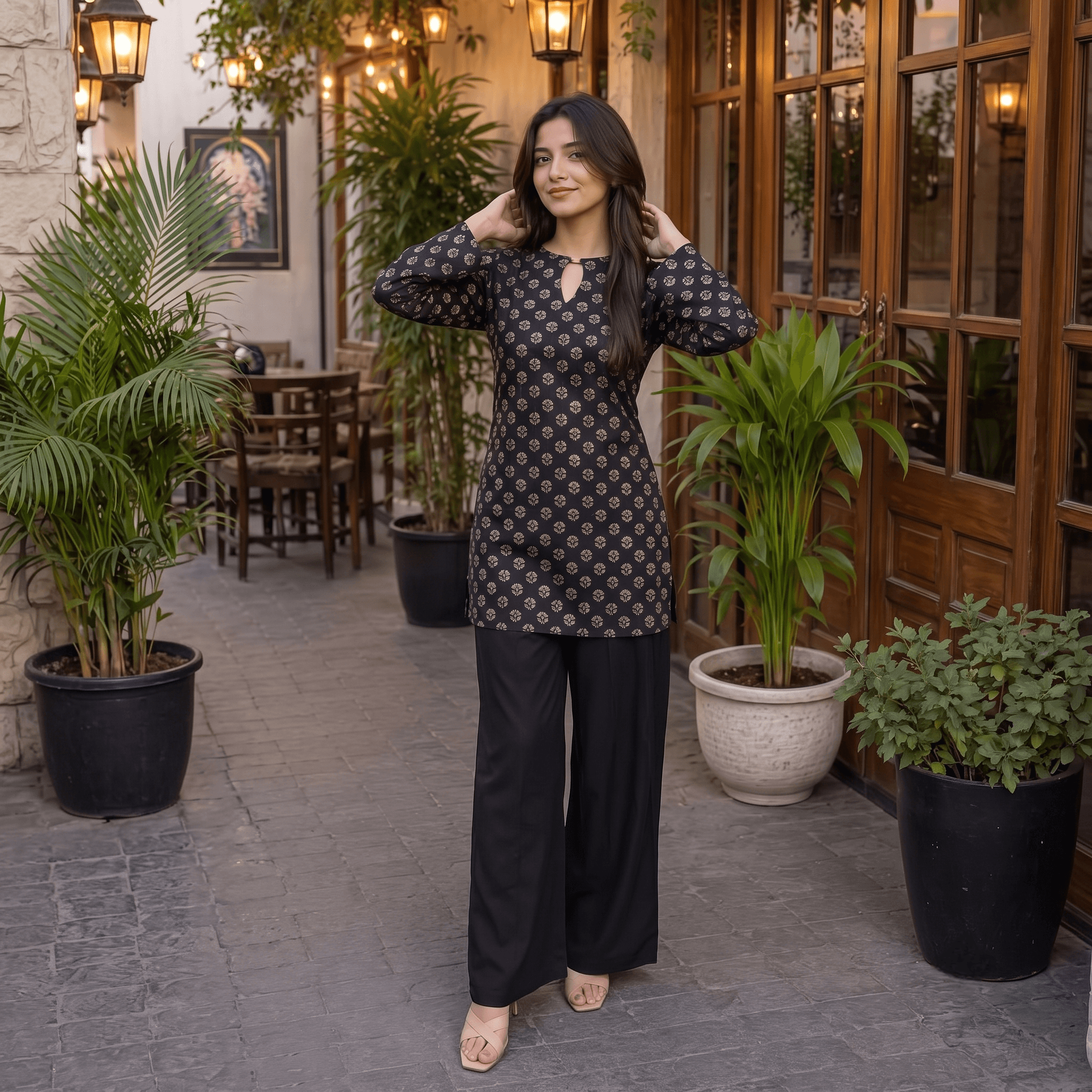 Black Printed Full-Sleeve Cotton Short Kurti
