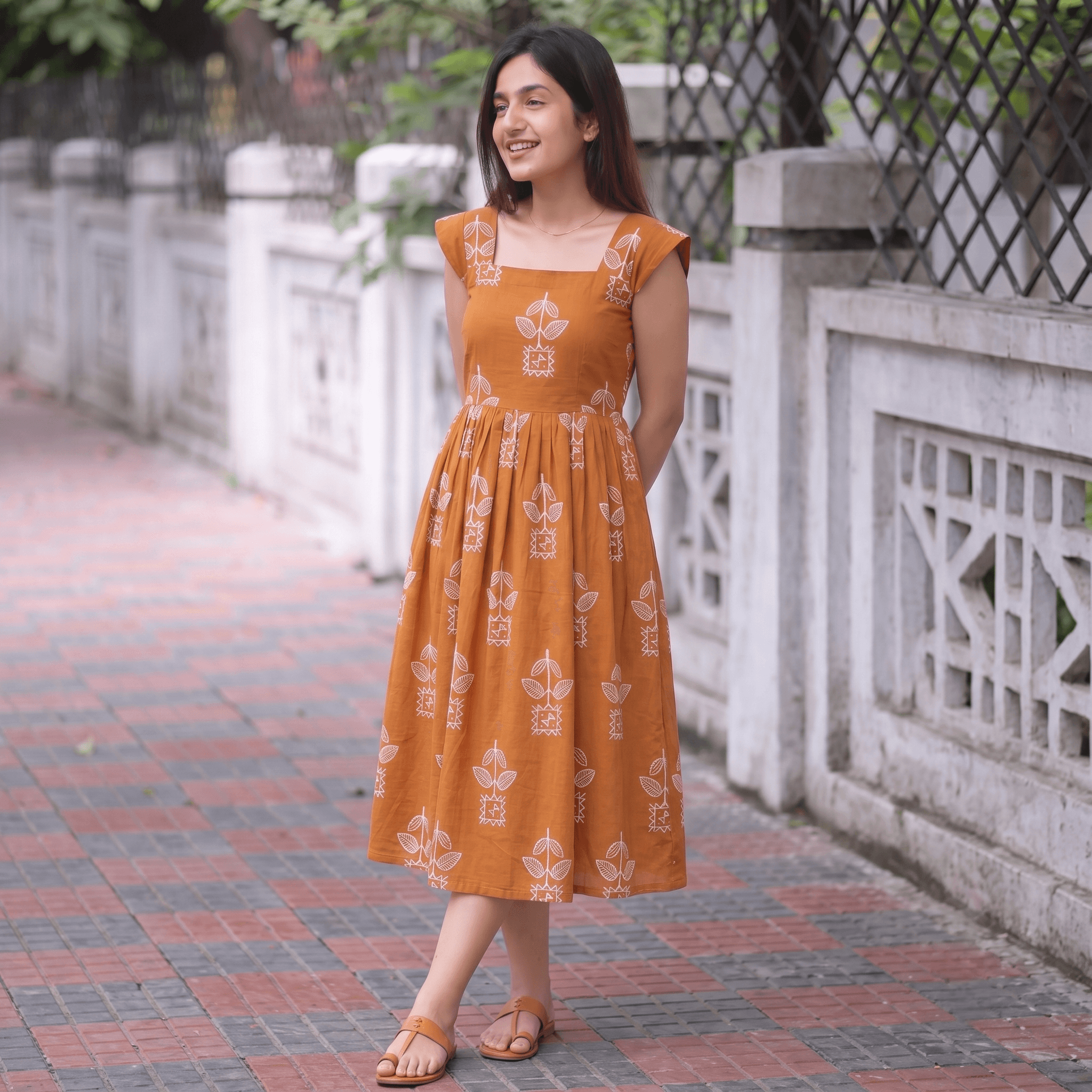 Rust Orange Printed Cotton Midi Frock