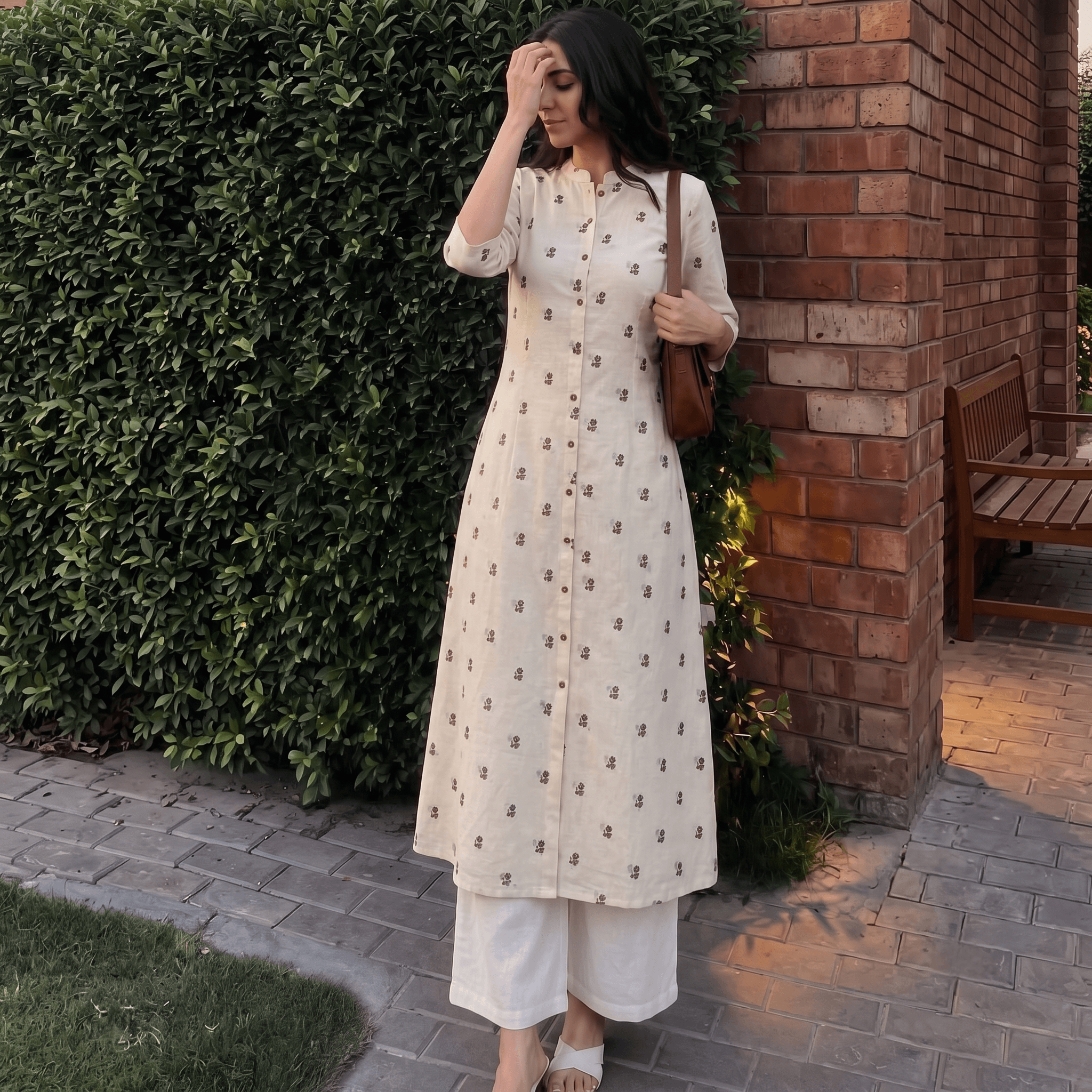 Off-White Floral Printed Button-Down A-Line Cotton Kurti