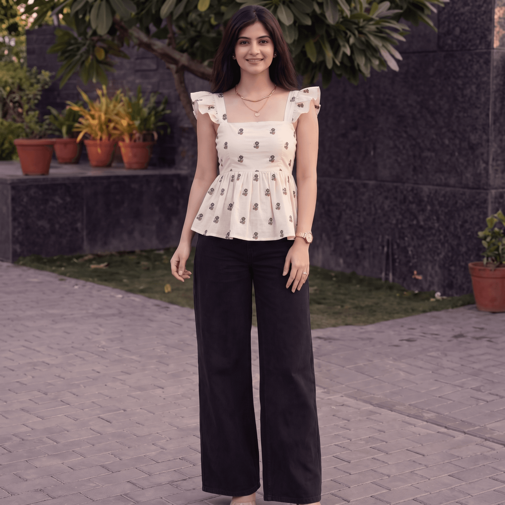 Off-White Floral Ruffle Sleeveless Cotton Peplum Top