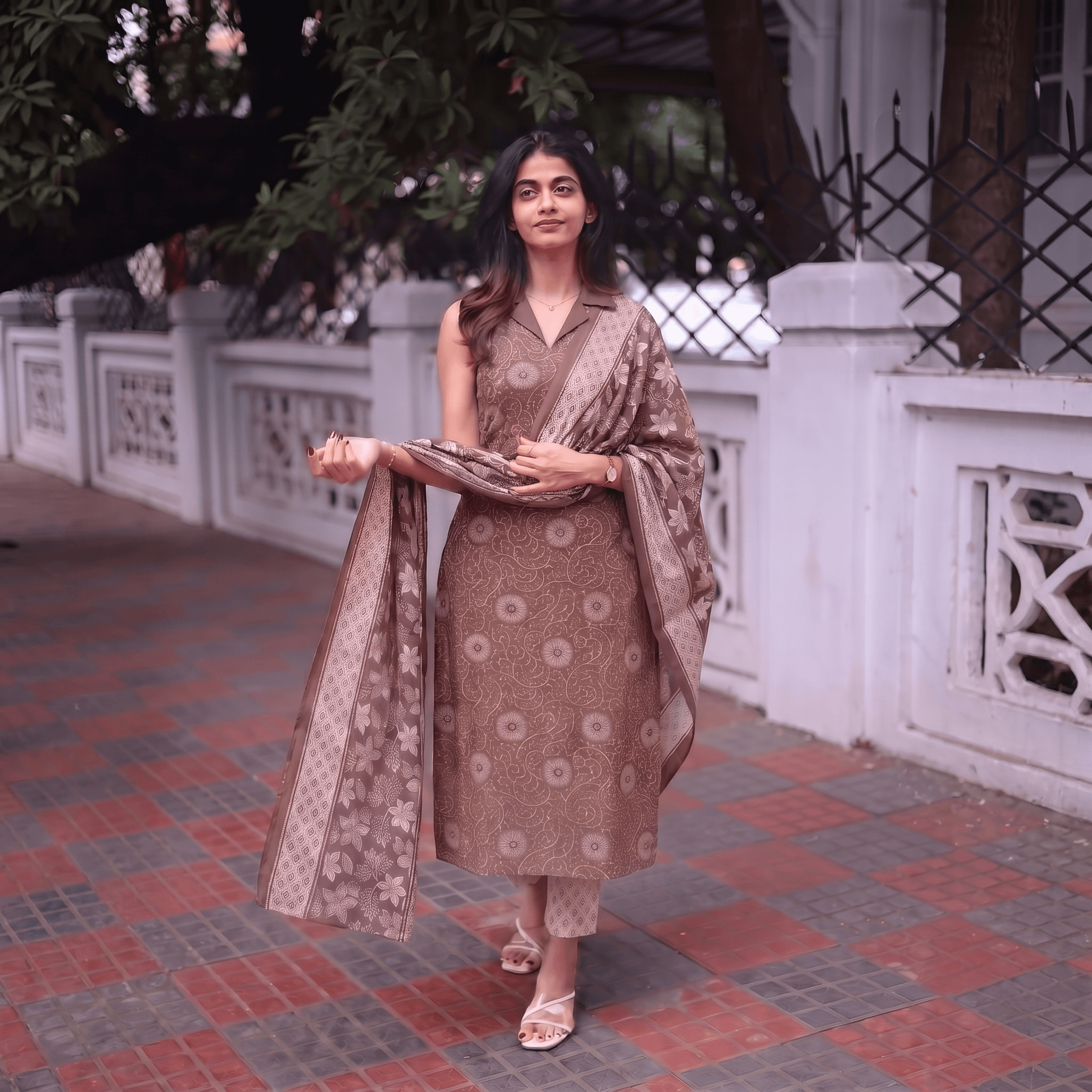 Sleeveless Brown Collared Printed Cotton Churidar Set with Dupatta